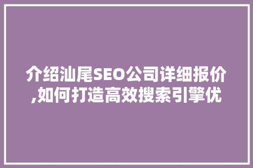 介绍汕尾SEO公司详细报价,如何打造高效搜索引擎优化步骤