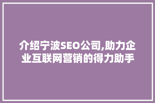 介绍宁波SEO公司,助力企业互联网营销的得力助手