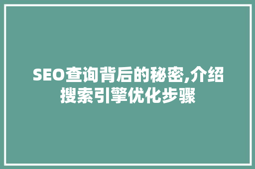 SEO查询背后的秘密,介绍搜索引擎优化步骤
