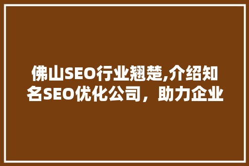 佛山SEO行业翘楚,介绍知名SEO优化公司，助力企业腾飞