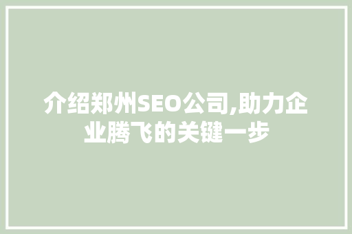 介绍郑州SEO公司,助力企业腾飞的关键一步