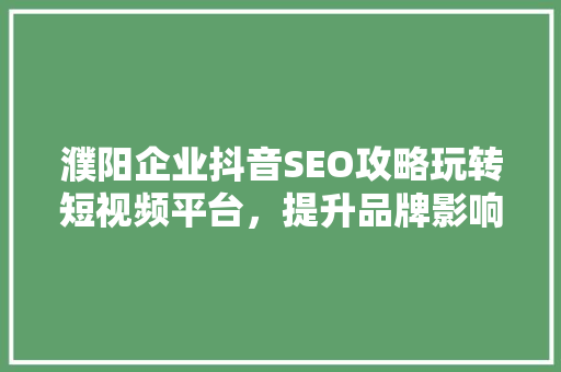 濮阳企业抖音SEO攻略玩转短视频平台，提升品牌影响力