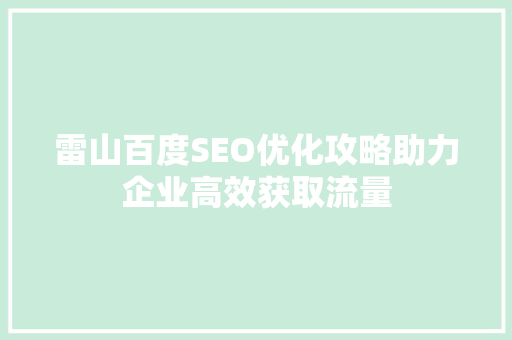 雷山百度SEO优化攻略助力企业高效获取流量