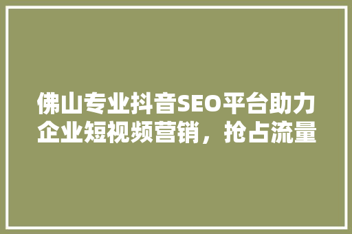 佛山专业抖音SEO平台助力企业短视频营销，抢占流量高地