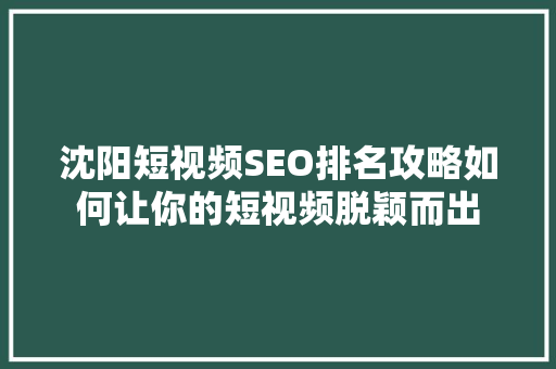 沈阳短视频SEO排名攻略如何让你的短视频脱颖而出