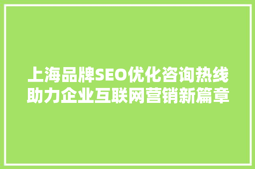 上海品牌SEO优化咨询热线助力企业互联网营销新篇章