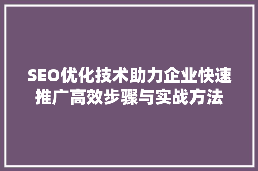 SEO优化技术助力企业快速推广高效步骤与实战方法