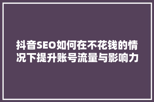 抖音SEO如何在不花钱的情况下提升账号流量与影响力
