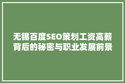 无锡百度SEO策划工资高薪背后的秘密与职业发展前景