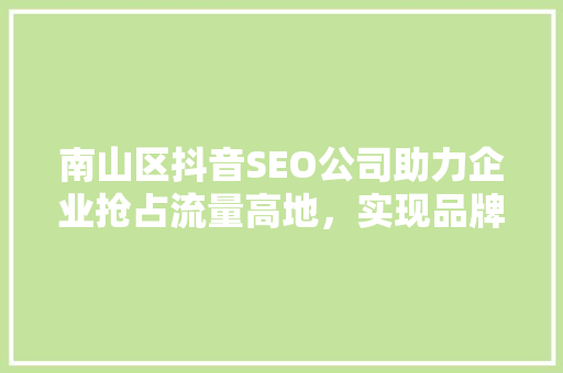 南山区抖音SEO公司助力企业抢占流量高地，实现品牌飞跃