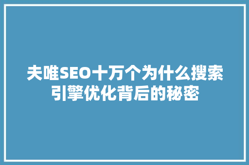 夫唯SEO十万个为什么搜索引擎优化背后的秘密