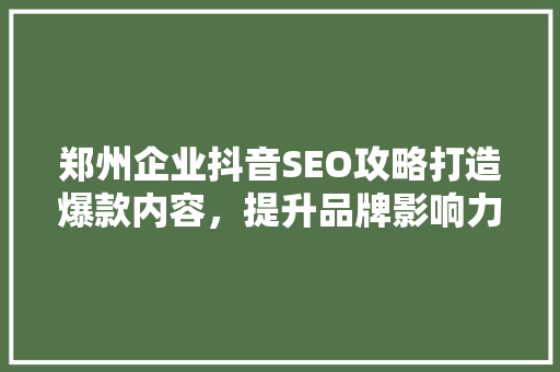 郑州企业抖音SEO攻略打造爆款内容，提升品牌影响力