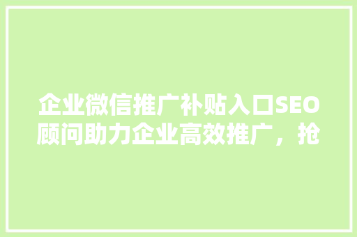 企业微信推广补贴入口SEO顾问助力企业高效推广，抢占市场先机