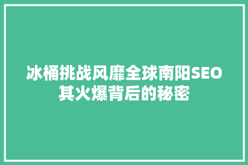 冰桶挑战风靡全球南阳SEO其火爆背后的秘密