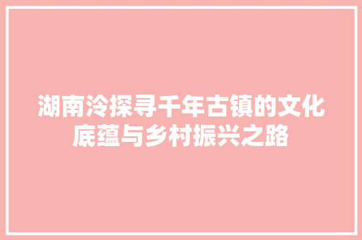 湖南泠探寻千年古镇的文化底蕴与乡村振兴之路