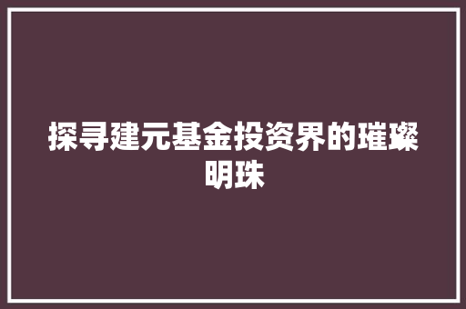 探寻建元基金投资界的璀璨明珠