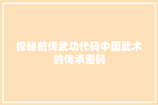 探秘前传武功代码中国武术的传承密码  第1张